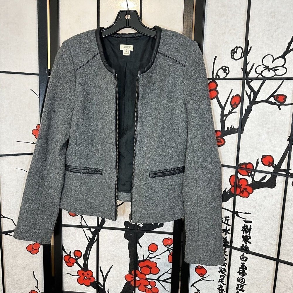 J. Crew Wool Blend Collarless Contrast Blazer Jacket Gray Black Womens Size M